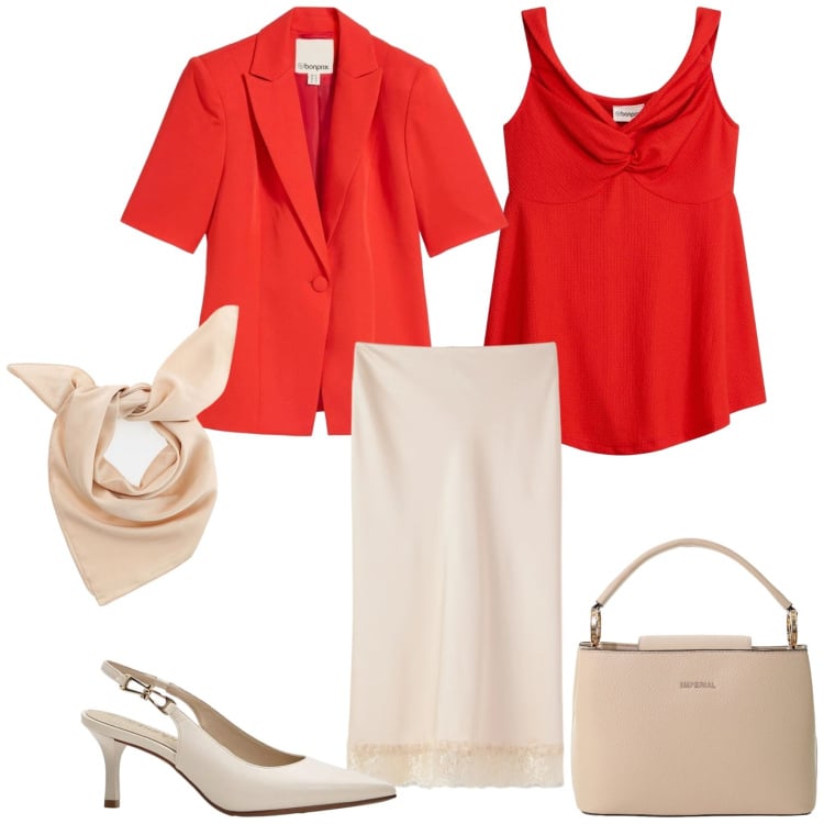 Outfit donna - Total look #2406779. Stile Chic per Cerimonia. Abbinamento con top, blazer, décolleté, gonne longuette, borse a secchiello, foulard.