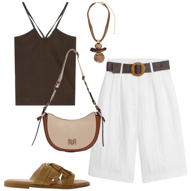 Outfit donna - Total look #2406781. Stile Casual chic per Tutti i giorni. Abbinamento con bermuda, canottiere, sandali, borse a tracolla, ciondoli.