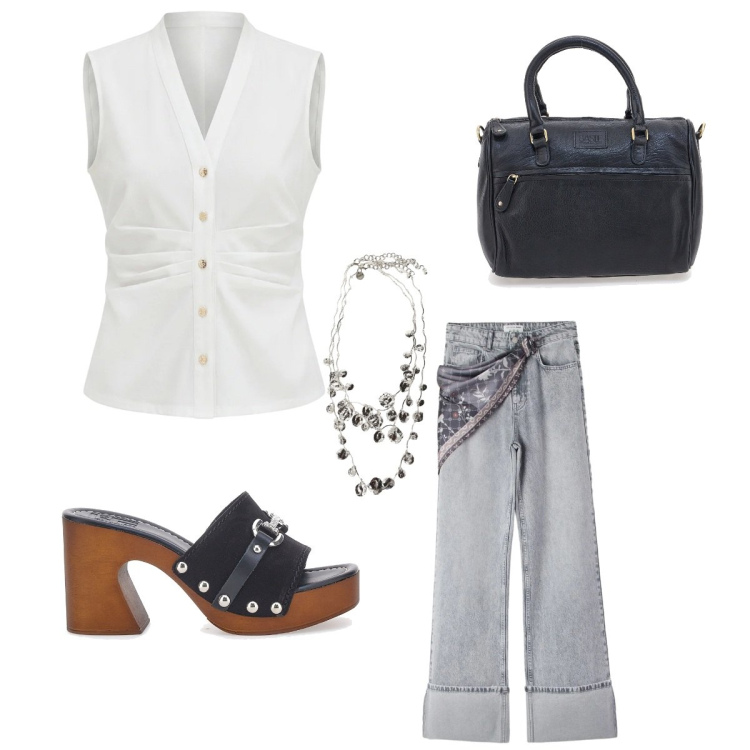 Outfit donna - Incontro con le amiche. Stile Casual chic per Tutti i giorni. Abbinamento con jeans, camicie a manica corta, collane, zoccoli, borse a tracolla.