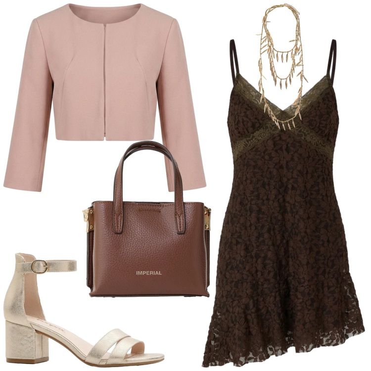 Outfit donna - Total look #2406785. Stile Trendy per Serata fuori. Abbinamento con sandali col tacco, vestiti corti, bolero, borse a tracolla, collane.