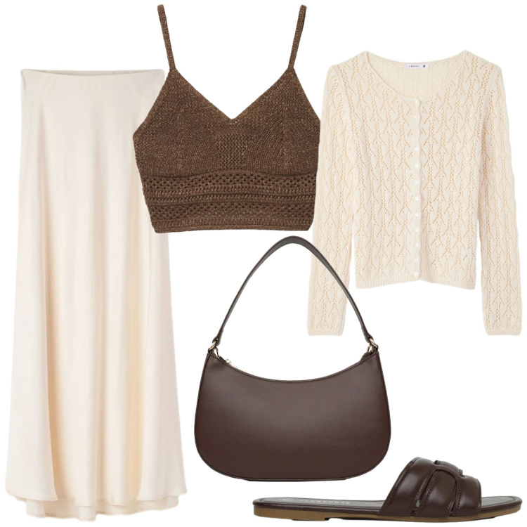 Outfit donna - Total look #2406790. Stile Boho per Tutti i giorni. Abbinamento con gonne lunghe, cardigans, top, borse a tracolla, ciabatte.