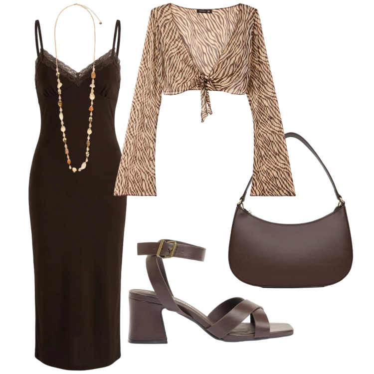 Outfit donna - Total look #2406797. Stile Etnico per Serata fuori. Abbinamento con sandali col tacco, blazer, borse a tracolla, vestiti midi/longuette, collane.
