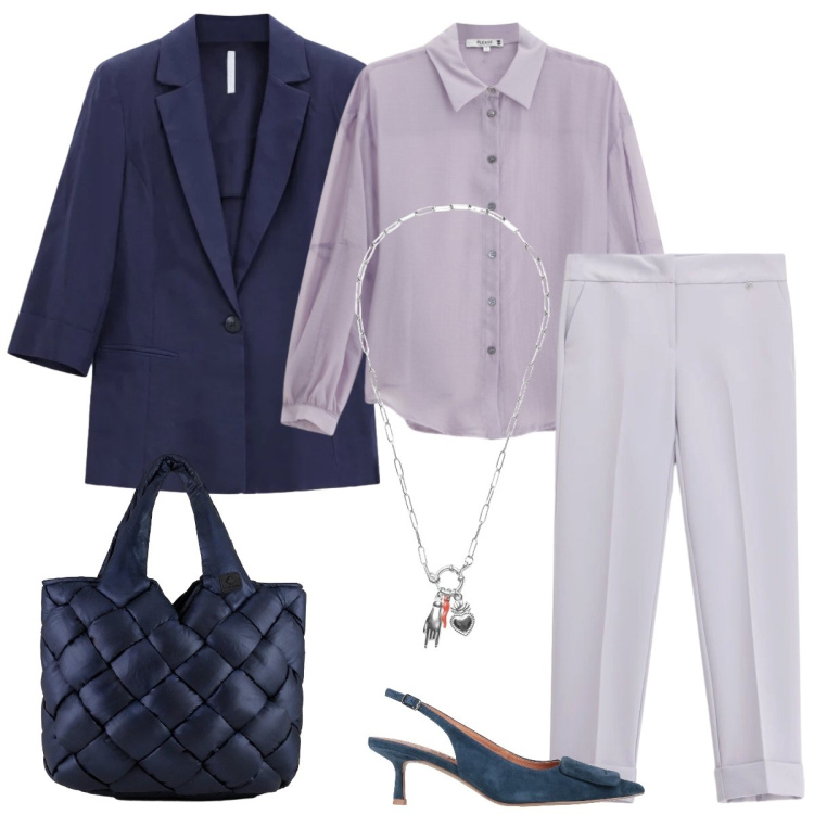 Outfit donna - Total look #2406805. Stile Chic per Ufficio. Abbinamento con décolleté, blazer, camicie, pantaloni, ciondoli, borse tote.