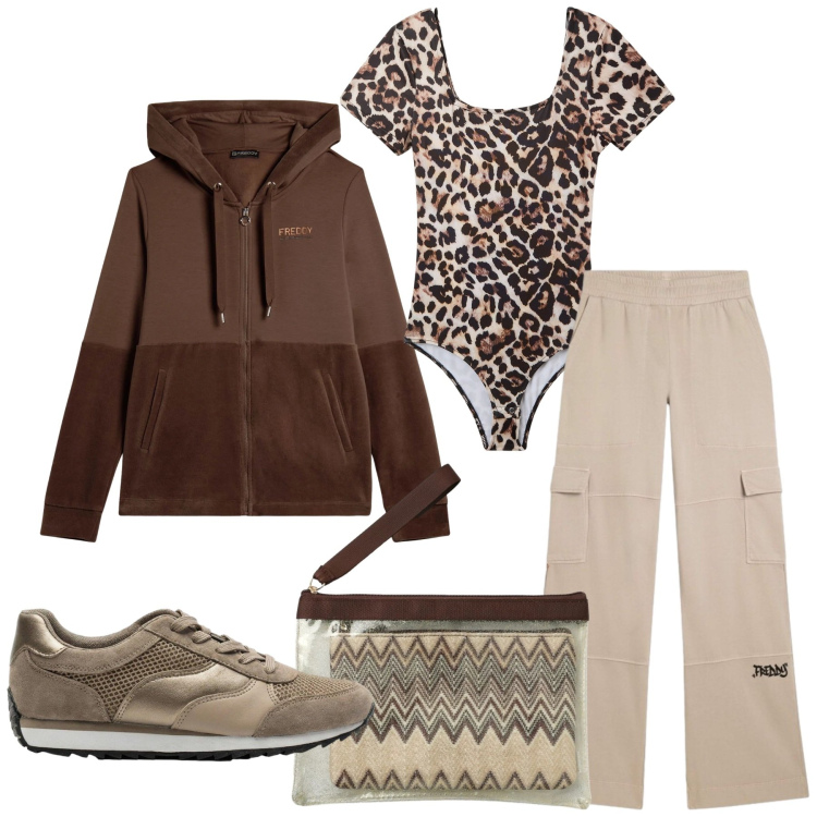 Outfit donna - Total look #2406809. Stile Sporty chic per Sport. Abbinamento con sneakers, body, pochette, felpe con cappuccio, pantaloni cargo.