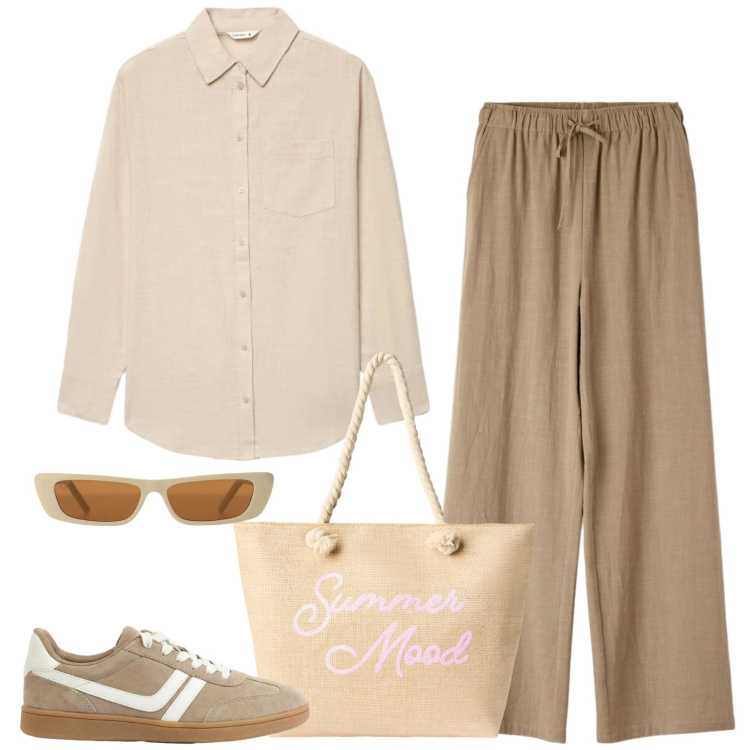 Outfit donna - Essenziale. Stile Basic per Tutti i giorni. Abbinamento con sneakers, borse tote, camicie, pantaloni, occhiali da sole.