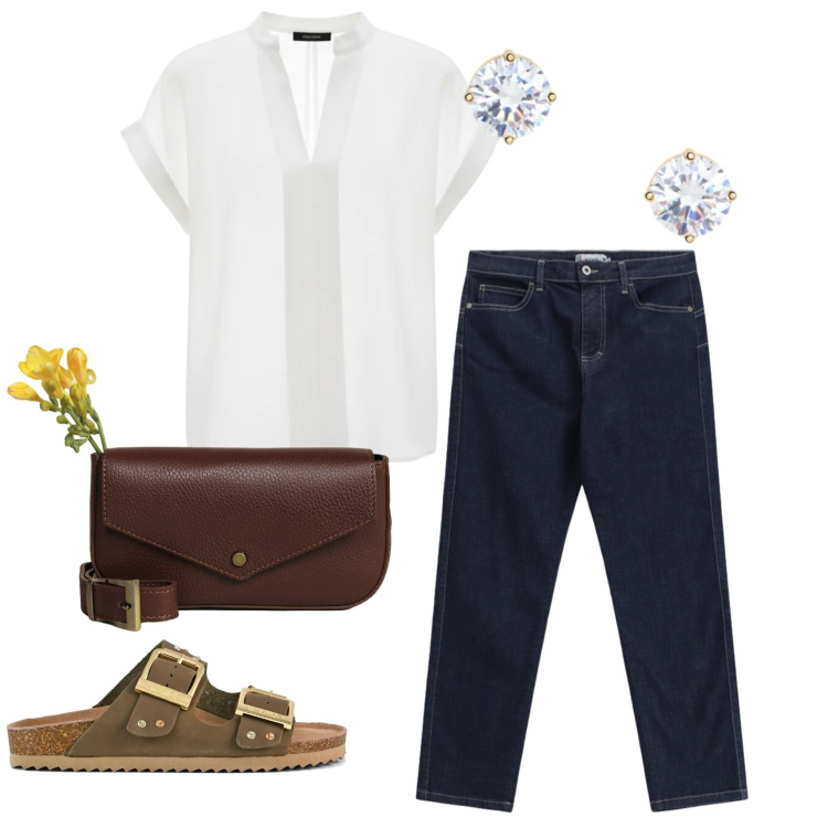 Outfit donna - Total look #2406811. Stile Casual per Tutti i giorni. Abbinamento con jeans slim fit, bluse, orecchini, borse a tracolla, sandali.