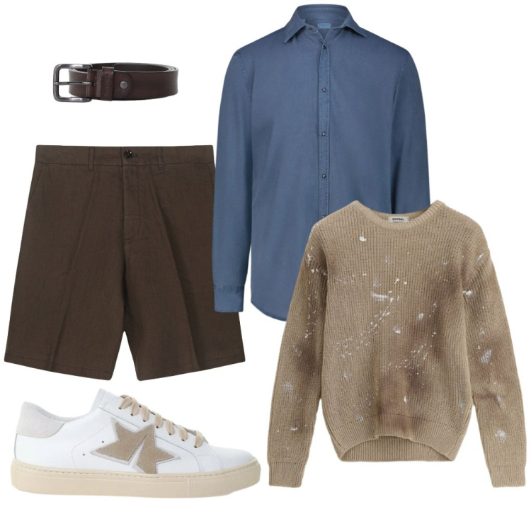Outfit uomo - 125. Sul lago. Stile Trendy per Tutti i giorni. Abbinamento con maglieria, cinture, sneakers, camicie, bermuda.