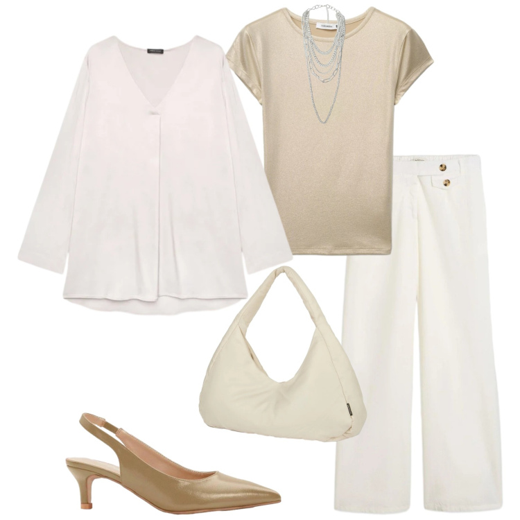 Outfit donna - Toni neutri. Stile Casual chic per Tutti i giorni. Abbinamento con décolleté, pantaloni, t-shirt, collane, borse a spalla, bluse.