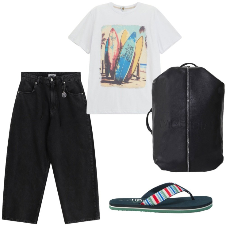 Outfit uomo - 122. Aspettiamo che.... Stile Urban per Tutti i giorni. Abbinamento con pantaloni, t-shirt, borse sportive, sandali.