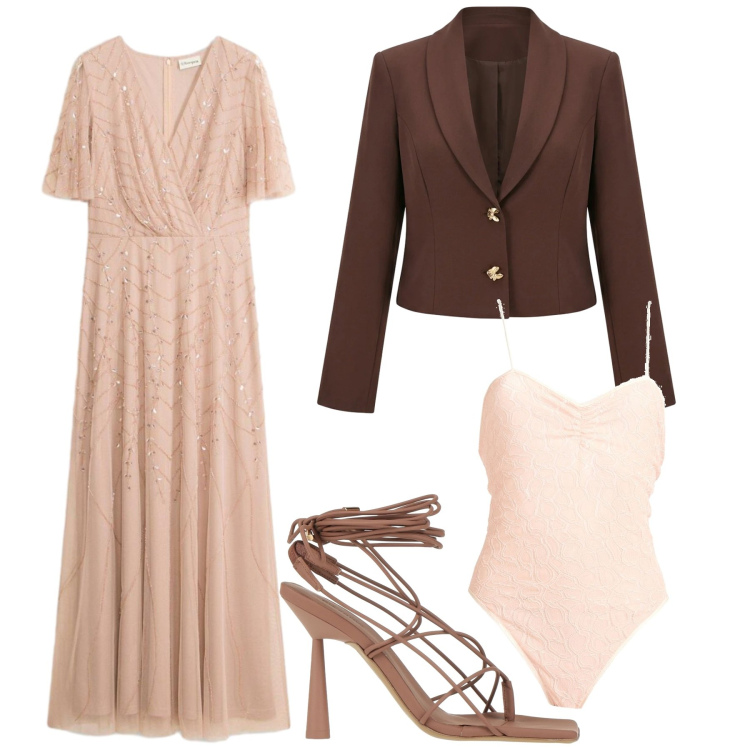 Outfit donna - Total look #2406818. Stile Chic per Cerimonia. Abbinamento con ciabatte, body, vestiti lunghi, blazer.