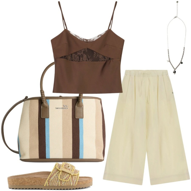 Outfit donna - Total look #2406820. Stile Casual chic per Tutti i giorni. Abbinamento con canottiere, shopping bag, pantaloni a palazzo, ciondoli, sandali.