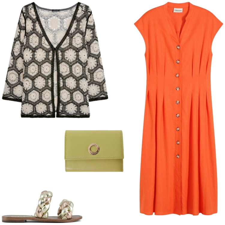 Outfit donna - Colorato e casual. Stile Casual per Tutti i giorni. Abbinamento con vestiti midi/longuette, portafogli, cardigans, ciabatte.