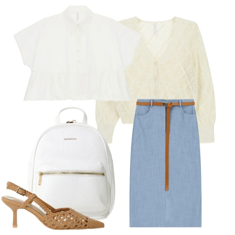 Outfit donna - Total look #2406826. Stile Casual chic per Tutti i giorni. Abbinamento con cardigans, zaini, gonne longuette, décolleté, camicie a manica corta.