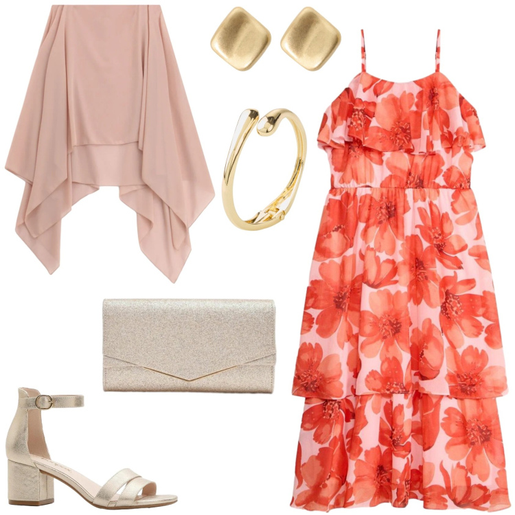 Outfit donna - L\'abito elegante e leggero da cerimonia. Stile Glamour per Cerimonia. Abbinamento con braccialetti, sandali col tacco, vestiti, orecchini, cappe, clutch.