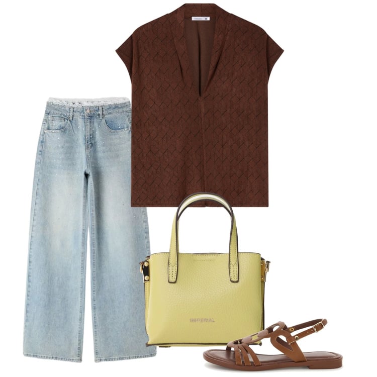 Outfit donna - Blusa + jeans - Il nuovo everyday look. Stile Bon Ton per Tutti i giorni. Abbinamento con bluse, jeans, borse a tracolla, sandali.