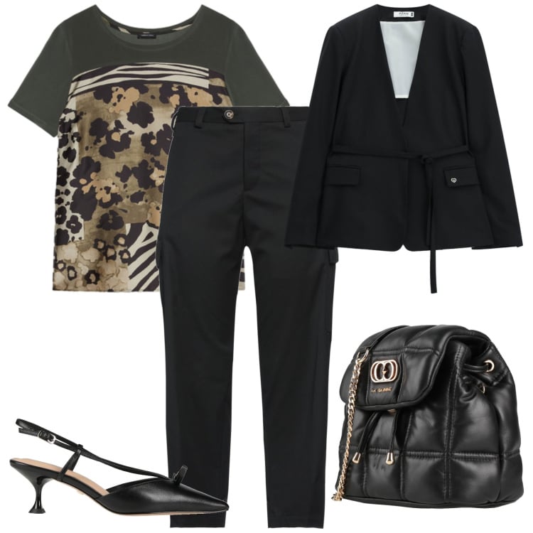 Outfit donna - Ufficio. Stile Chic per Ufficio. Abbinamento con décolleté, valigie, pantaloni cargo, blazer, t-shirt.