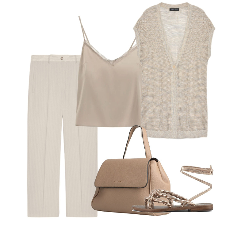 Outfit donna - Toni neutri luminosi. Stile Bon Ton per Tutti i giorni. Abbinamento con zaini, canottiere, maglieria, pantaloni, sandali in pelle.