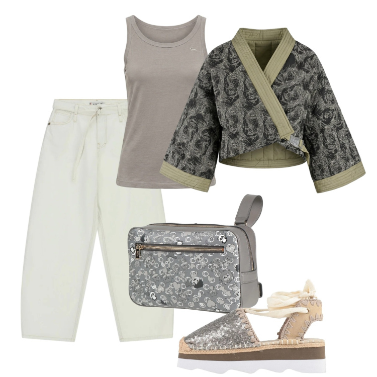 Outfit donna - Toni neutri luminosi. Stile Chic per Tutti i giorni. Abbinamento con décolleté, marsupi, canottiere, jeans, kimono.