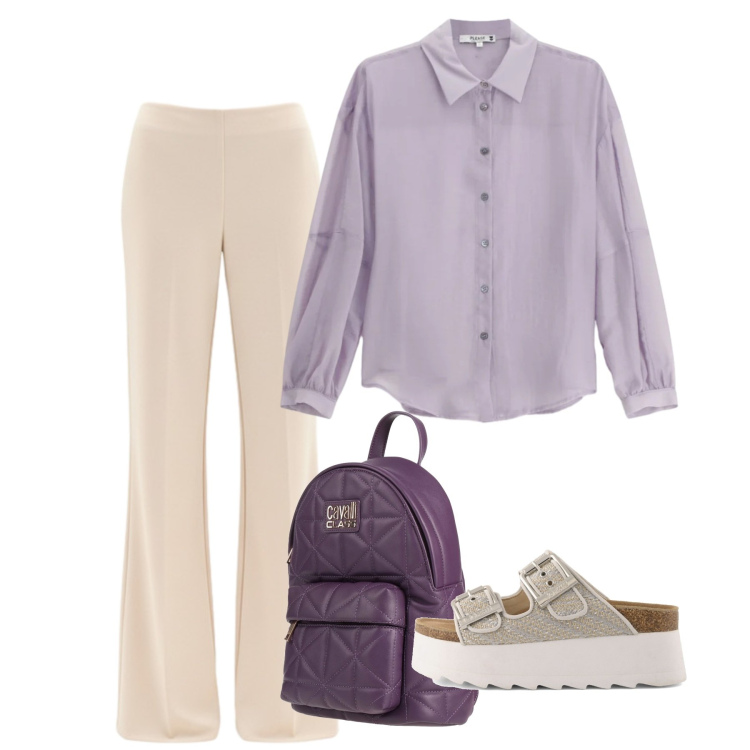 Outfit donna - Malva e glicine: i colori che mi fanno p. Stile Bon Ton per Tutti i giorni. Abbinamento con zaini, pantaloni a palazzo, camicie, zeppe.