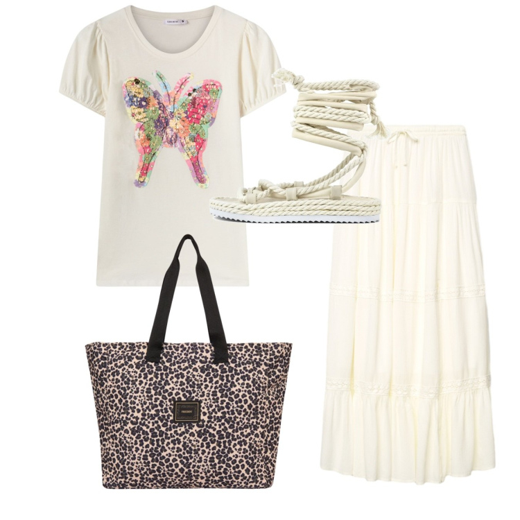 Outfit donna - Total ivory. Stile Romantica per Tutti i giorni. Abbinamento con t-shirt, gonne lunghe, shopping bag, sandali.