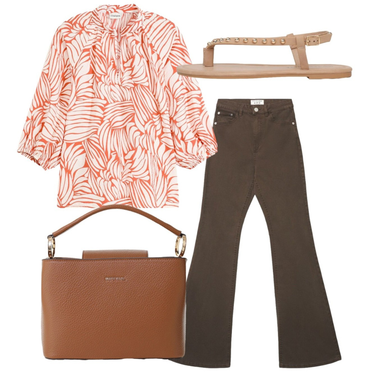 Outfit donna - Total look. Stile Casual per Tutti i giorni. Abbinamento con tuniche, jeans a zampa, ciabatte, borse a secchiello.