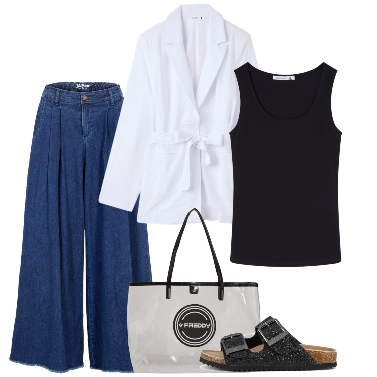 Outfit donna - Maggio. Stile Casual chic per Tutti i giorni. Abbinamento con gonne, top, blazer, shopping bag, sandali.