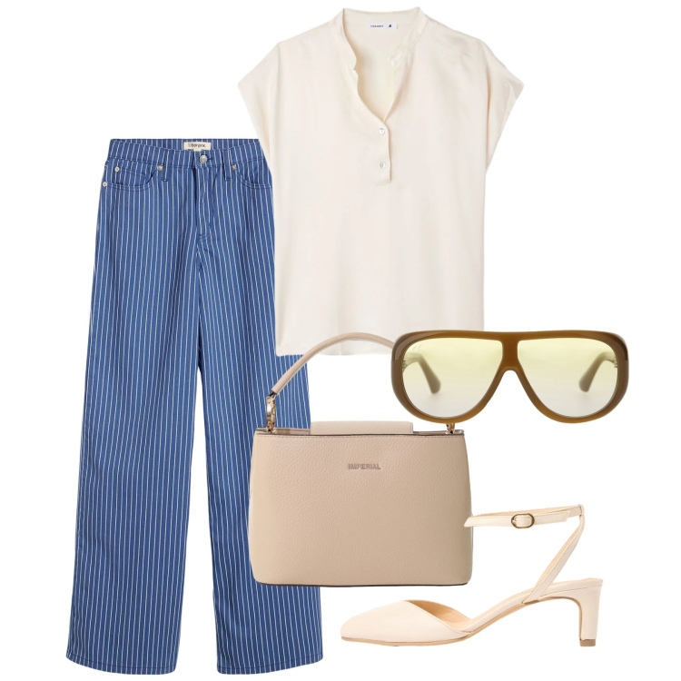 Outfit donna - Maggio. Stile Bon Ton per Tutti i giorni. Abbinamento con décolleté, pantaloni, canottiere, borse a secchiello, occhiali da sole.