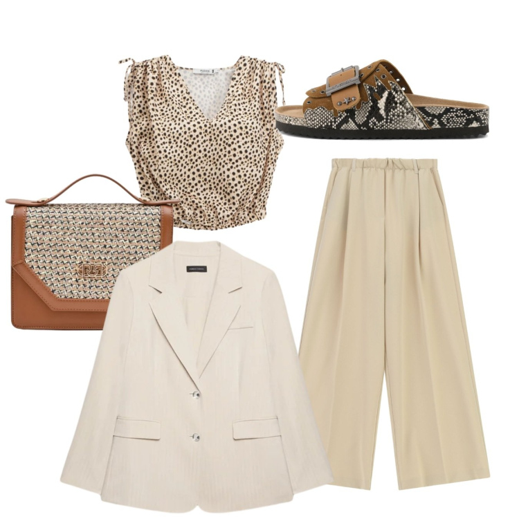 Outfit donna - Total look. Stile Bon Ton per Tutti i giorni. Abbinamento con pantaloni a palazzo, pochette, top, blazer, sandali.