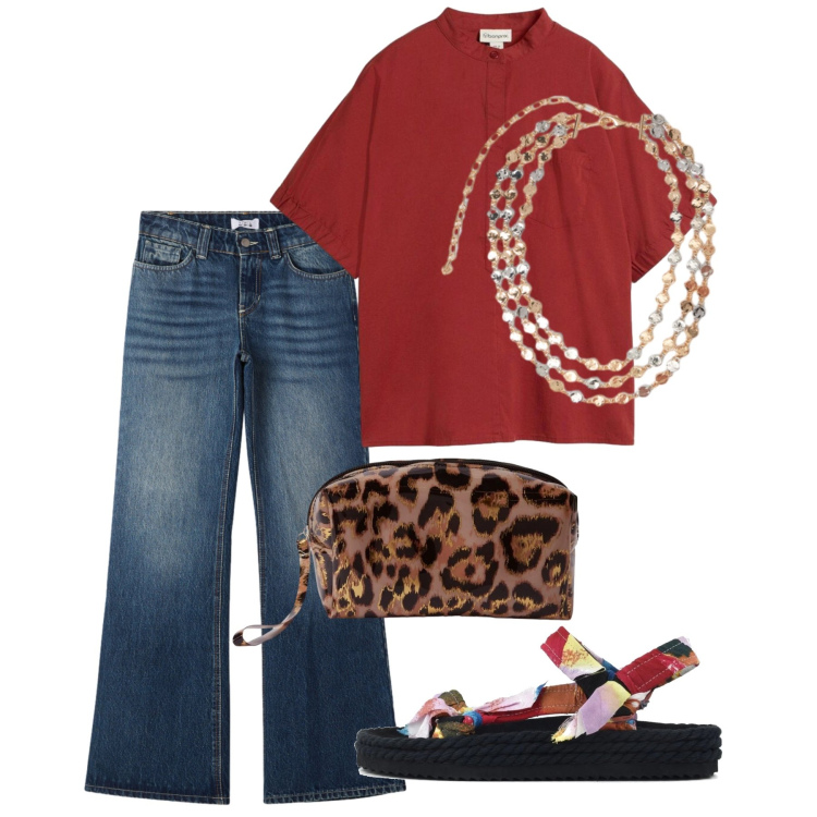 Outfit donna - Maggio in rosso. Stile Bon Ton per Tutti i giorni. Abbinamento con bluse, pochette, jeans, collane, sandali.