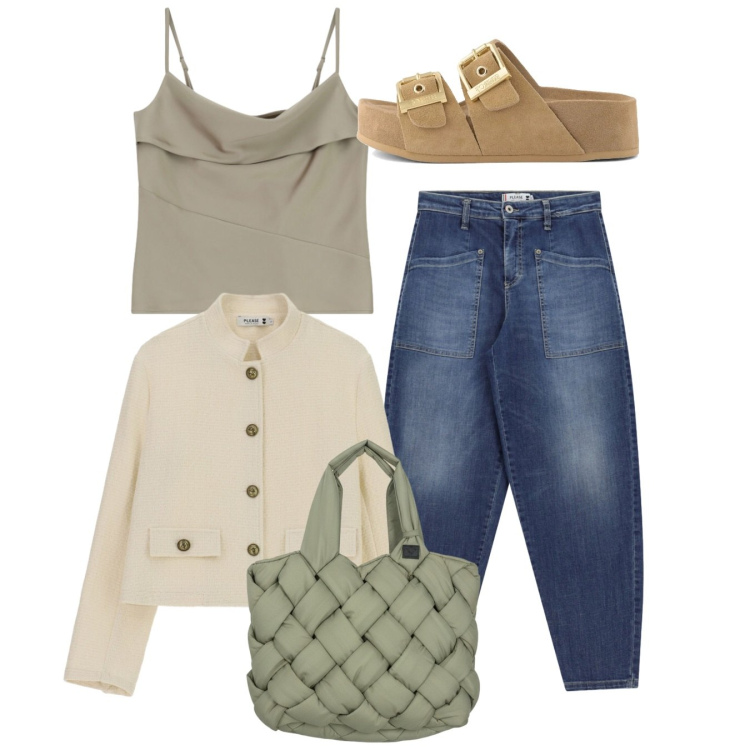 Outfit donna - Total look. Stile Casual per Tutti i giorni. Abbinamento con canottiere, jeans, cappotti, borse tote, sandali in pelle.