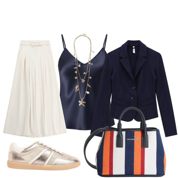 Outfit donna - In città. Stile Casual chic per Tutti i giorni. Abbinamento con sneakers, canottiere, pantaloni a palazzo, blazer, collane, shopping bag.