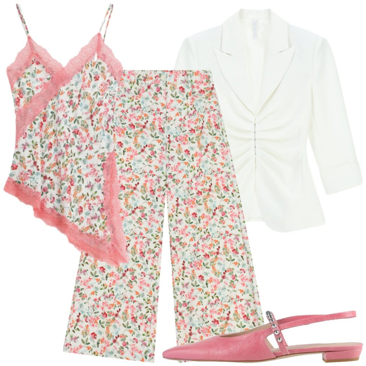 Outfit donna - Completi per mille occcasioni. Stile Chic per Serata fuori. Abbinamento con ballerine, pantaloni a palazzo, canottiere, blazer.