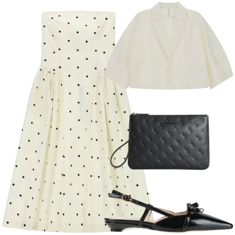 Outfit donna - Pois. Stile Chic per Cerimonia. Abbinamento con ballerine, vestiti midi/longuette, blazer, anelli.