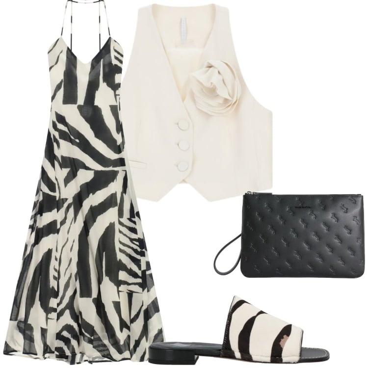 Outfit donna - Compere per le serate estive. Stile Glamour per Serata fuori. Abbinamento con sandali in pelle, vestiti lunghi, gilet, anelli.