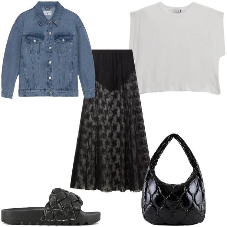 Outfit donna - Total look #2406873. Stile Boho per Tutti i giorni. Abbinamento con gonne lunghe, cappotti, top, borse tote, ciabatte.