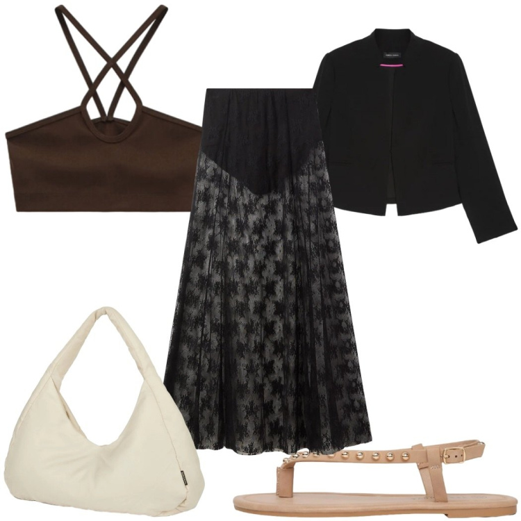 Outfit donna - Total look #2406876. Stile Boho per Tutti i giorni. Abbinamento con gonne lunghe, ciabatte, top, blazer, borse a spalla.