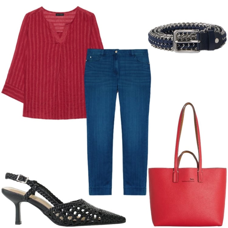 Outfit donna - Total look #2406877. Stile Casual per Tutti i giorni. Abbinamento con décolleté, shopping bag, jeans skinny, cinture, bluse.