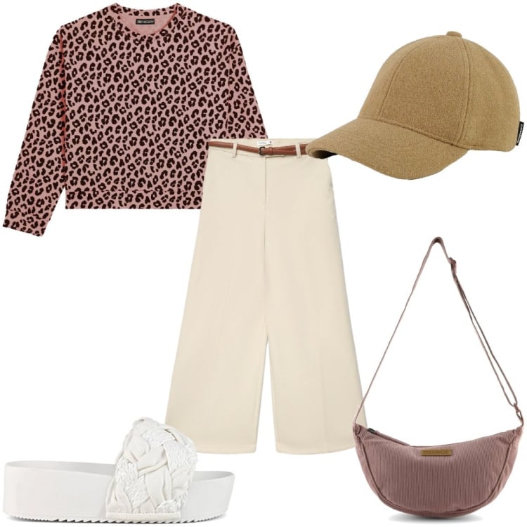 Outfit donna - Total look #2406879. Stile Trendy per Tutti i giorni. Abbinamento con pantaloni, felpe, cappelli con visiera, ciabatte, borse a tracolla.