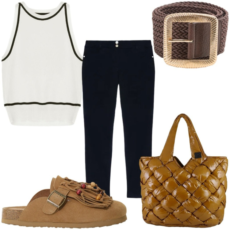 Outfit donna - Total look #2406883. Stile Etnico per Tutti i giorni. Abbinamento con cinture, sabot, top, jeans skinny, borse tote.