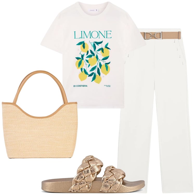 Outfit donna - “Dolce Estate Mediterranea”. Stile Casual chic per Tutti i giorni. Abbinamento con shopping bag, t-shirt, cinture, pantaloni, collane, ciabatte.