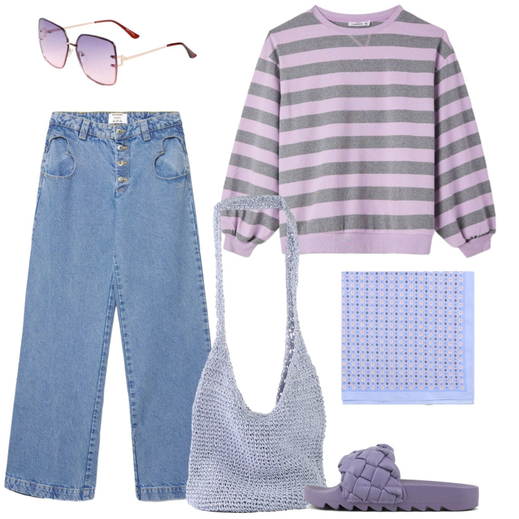 Outfit donna - Malva un colore. Stile Casual per Tutti i giorni. Abbinamento con shopping bag, occhiali da sole, t-shirt, jeans, foulard, ciabatte.