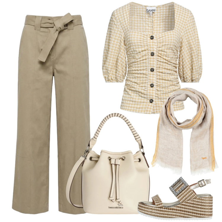 Outfit donna - Toni neutri. Stile Bon Ton per Ufficio. Abbinamento con camicie a manica corta, sciarpe, sandali in pelle, pantaloni, borse a secchiello.