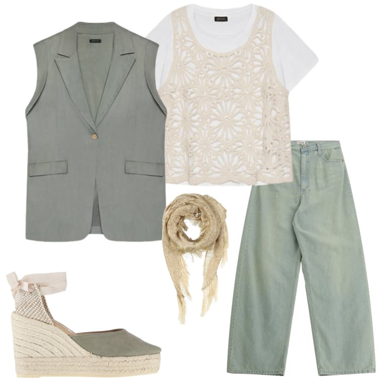 Outfit donna - Color malva. Stile Casual chic per Tutti i giorni. Abbinamento con stole, espadrillas, jeans, t-shirt, gilet.