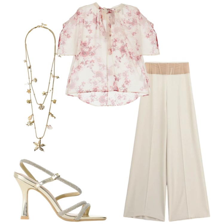 Outfit donna - Un po\' di glicine. Stile Casual chic per Cerimonia. Abbinamento con pantaloni a palazzo, bluse, sandali col tacco, collane.