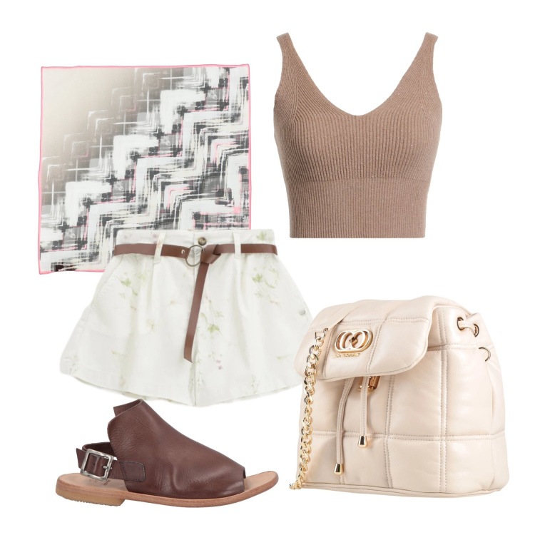 Outfit donna - Maggio. Stile Trendy per Tutti i giorni. Abbinamento con top, sciarpe, valigie, sandali in pelle, shorts.