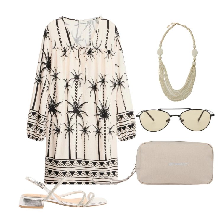 Outfit donna - Maggio. Stile Boho per Tutti i giorni. Abbinamento con vestiti, sandali, occhiali da sole, collane, valigie.