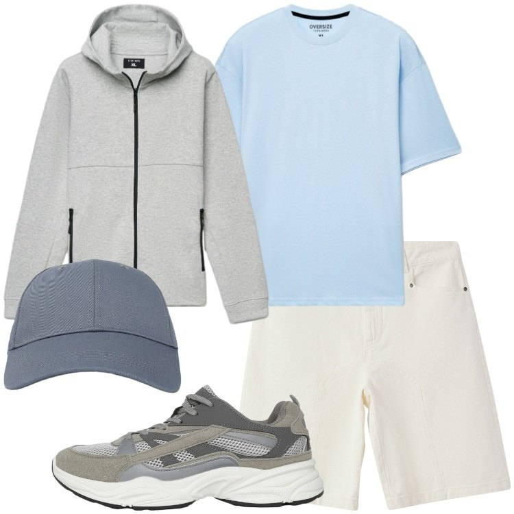 Outfit uomo - Verso l’estate. Stile Casual per Tutti i giorni. Abbinamento con bermuda, sneakers, felpe con cappuccio, cappelli con visiera, t-shirt.