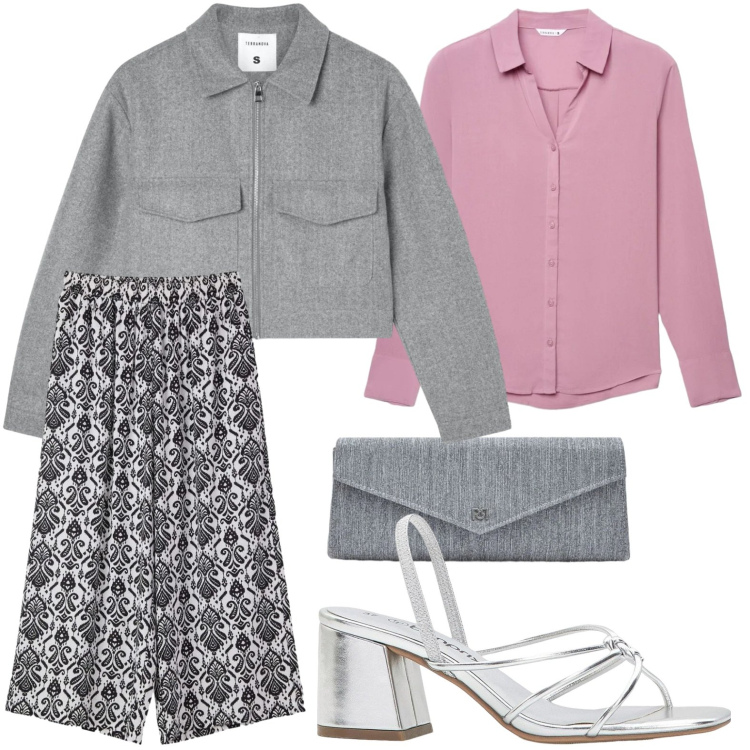 Outfit donna - Pantaloni palazzo con stampa. Stile Basic per Tutti i giorni. Abbinamento con sandali col tacco, blazer, camicie, pantaloni a palazzo, pochette.