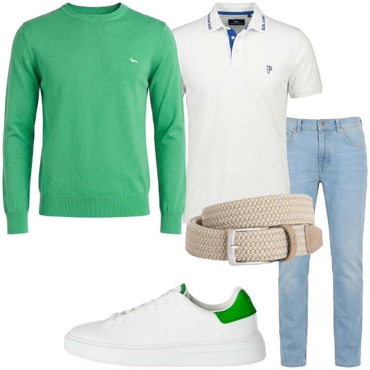 Outfit uomo - Sneakers minimal. Stile Casual per Tutti i giorni. Abbinamento con cinture, pullovers, jeans, polo, sneakers.