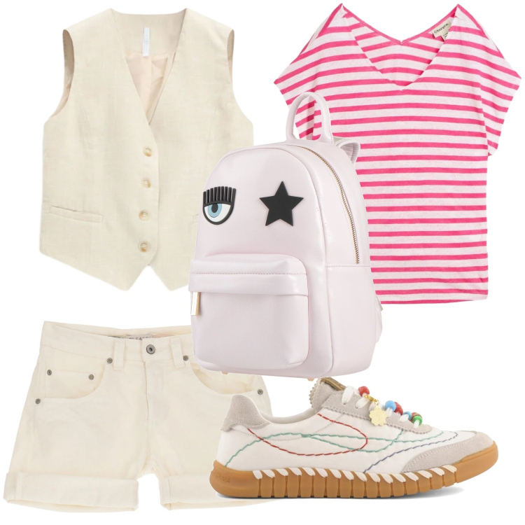 Outfit donna - Gilet e shorts. Stile Basic per Tutti i giorni. Abbinamento con zaini, t-shirt, gilet, shorts, sneakers.